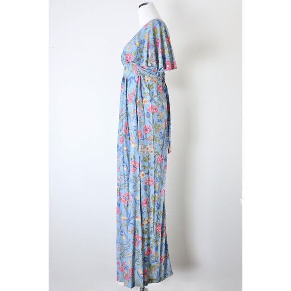 Vintage 1970s Prairie Floral Maxi Dress Flutter Sleeve Empire Waist Tie Blue - Picture 7 of 12